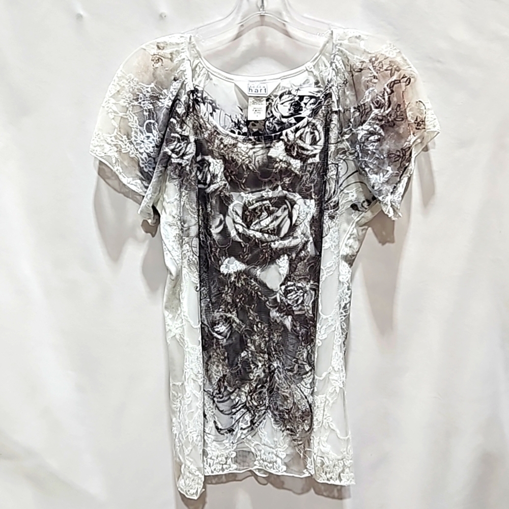 Karen Hart Top, Lace Overlay Sz Sm, 3D Print, Lace Sleeves, Scoop Neck